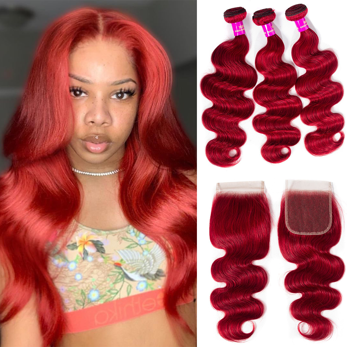 Brazilian Red Color Body Wave 3 Bundles With Closure